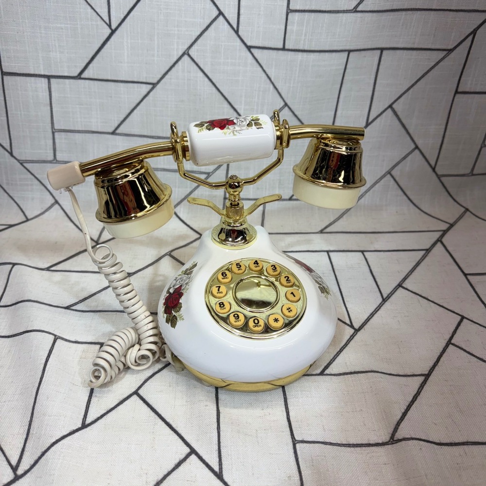 UNTESTED Vintage Style Landline Telephone White Gold Floral Rose EM-8000F